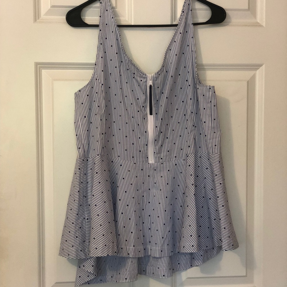 V-neck sleeveless blue and white stripe/polka dot